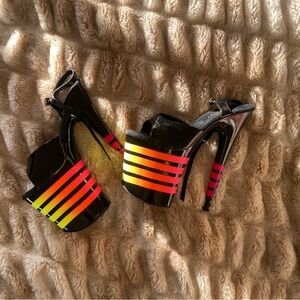 Pleaser Neon Platform Heels Black Patent Stripe Rainbow Pole Dance Festival 8